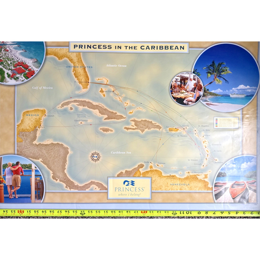 Princess Cruises Poster Caribbean Travel Map Cruise Ship Ports Vintage 36" x 24"